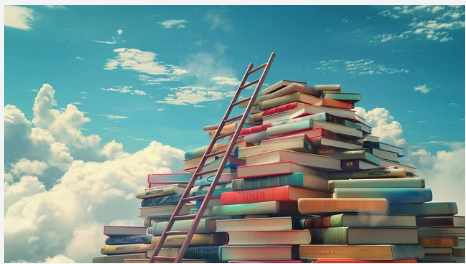 books piled high in the sky